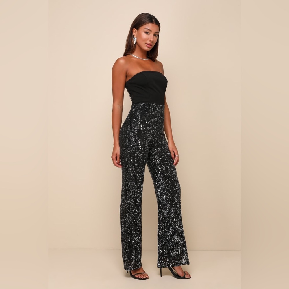 Lulus Black Sequin Strapless Straight Leg Jumpsuit sz S new no tag